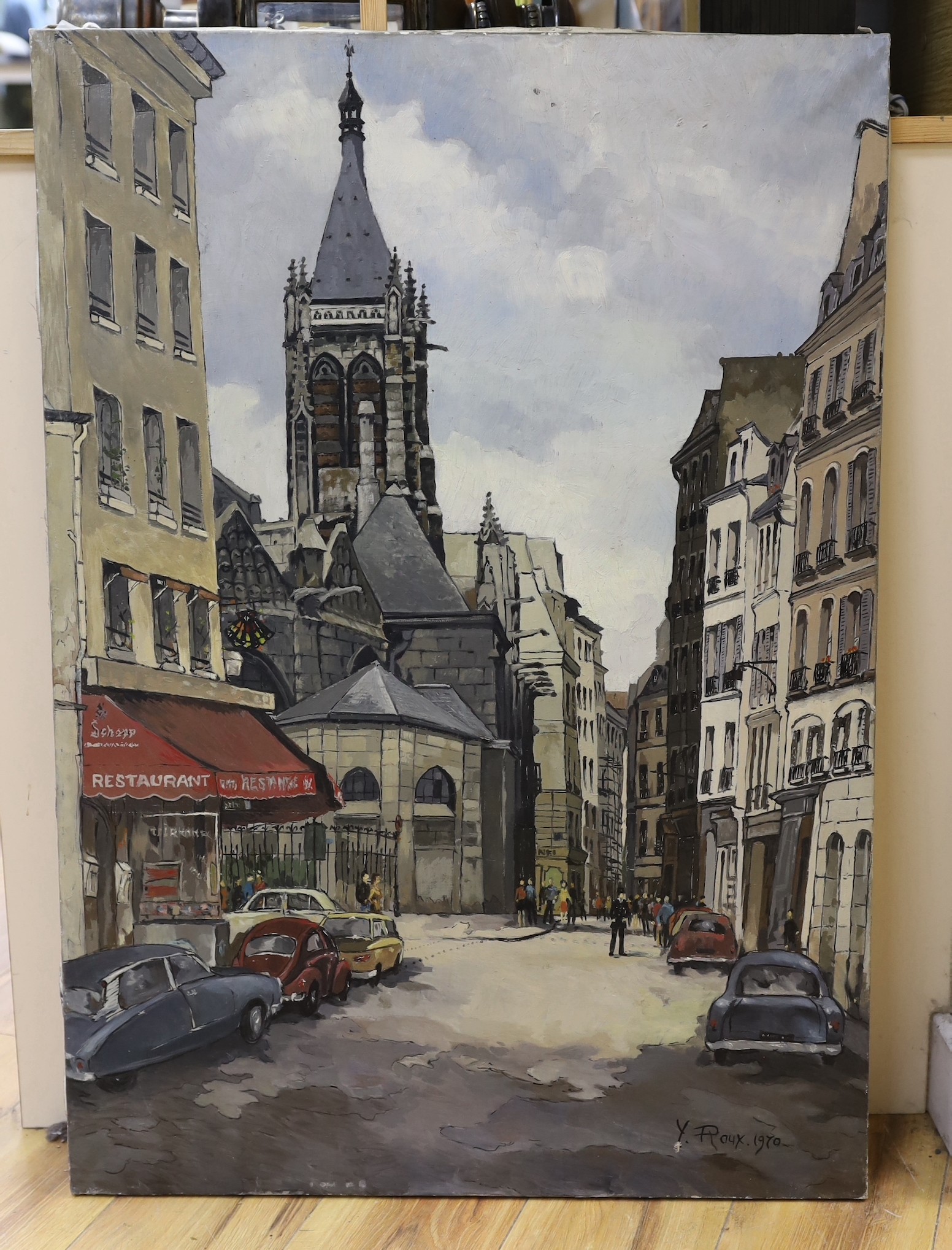 Y. Roux, oil on canvas, French street scene, signed and dated 1970, 92 x 65cm, unframed